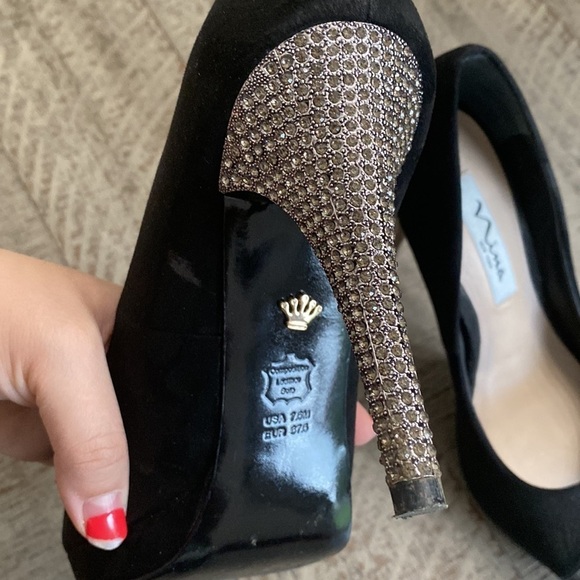 Nina New York Pumps Open Toe Heels Studded Jeweled Black Suede - Picture 5 of 14